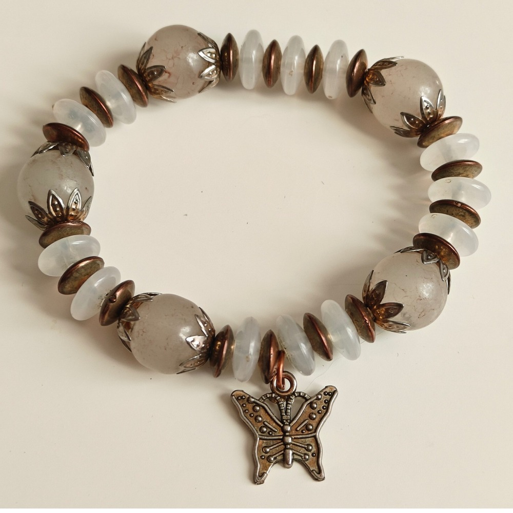 Boho Butterfly Charm Stretch Bracelet White Marble Beads Bronze Tone Floral Caps